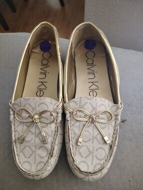 Calvin Klein Ivory Logo Moccasin Loafers with Gold Accents